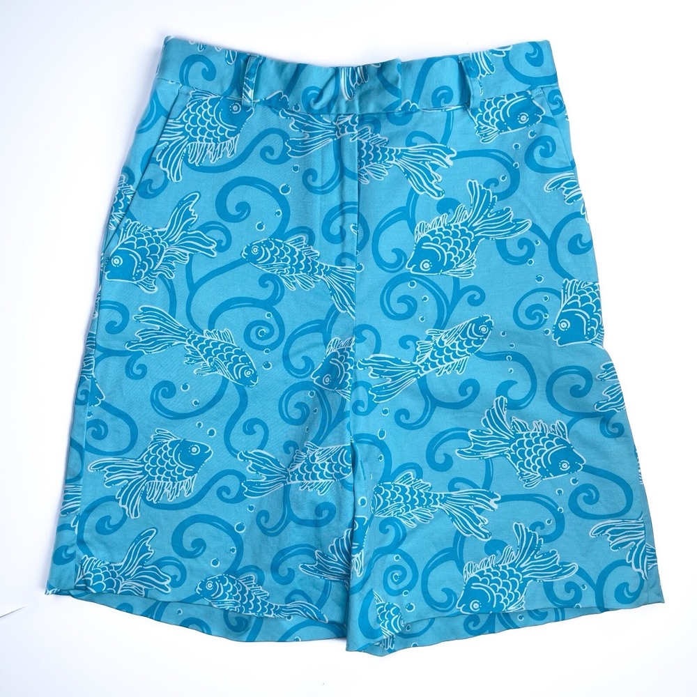 Lilly Pulitzer Vintage White Label High Rise Bermuda Shorts Sz 2 Blue Fish Print